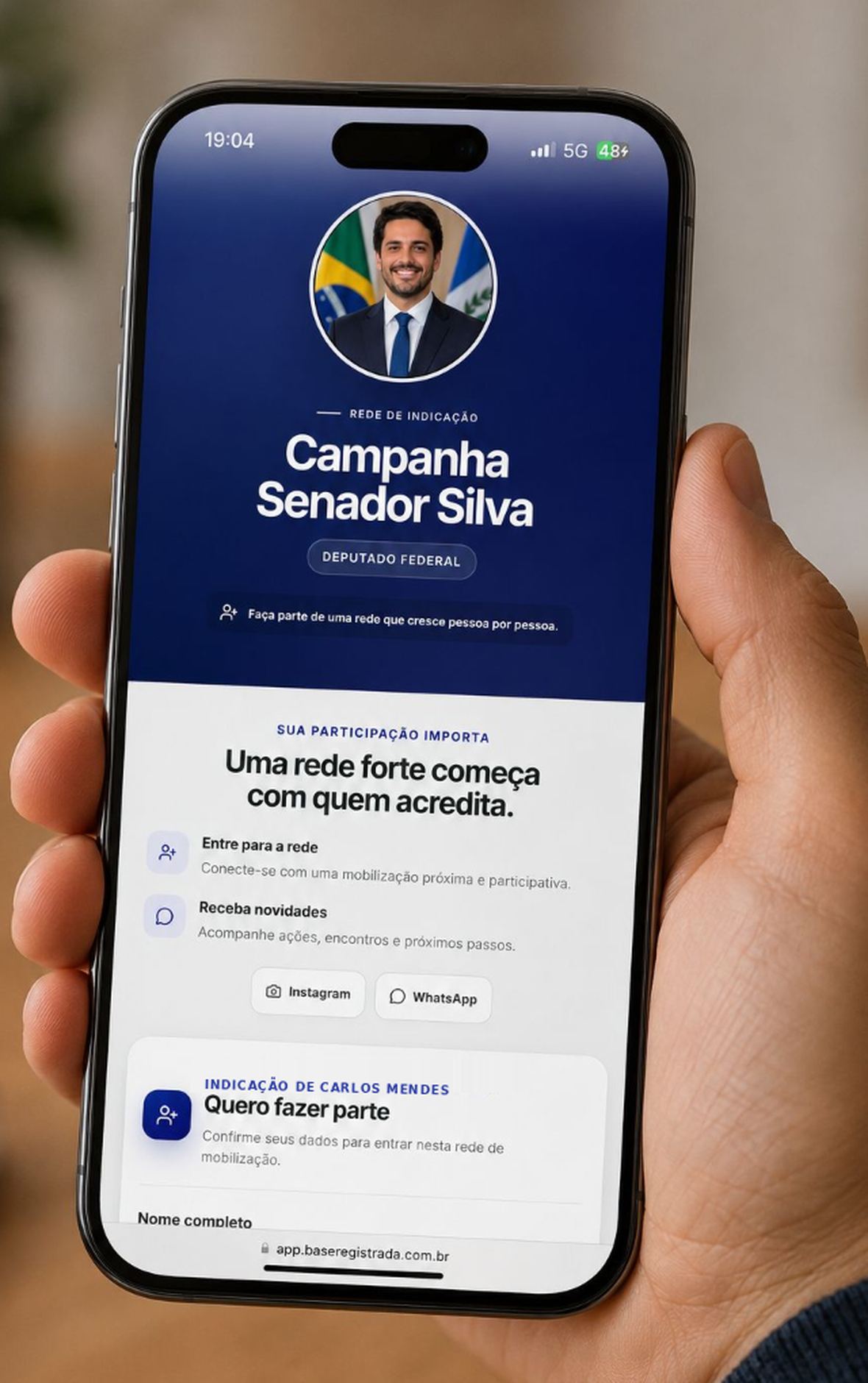 Tela de cadastro pelo link público, no celular